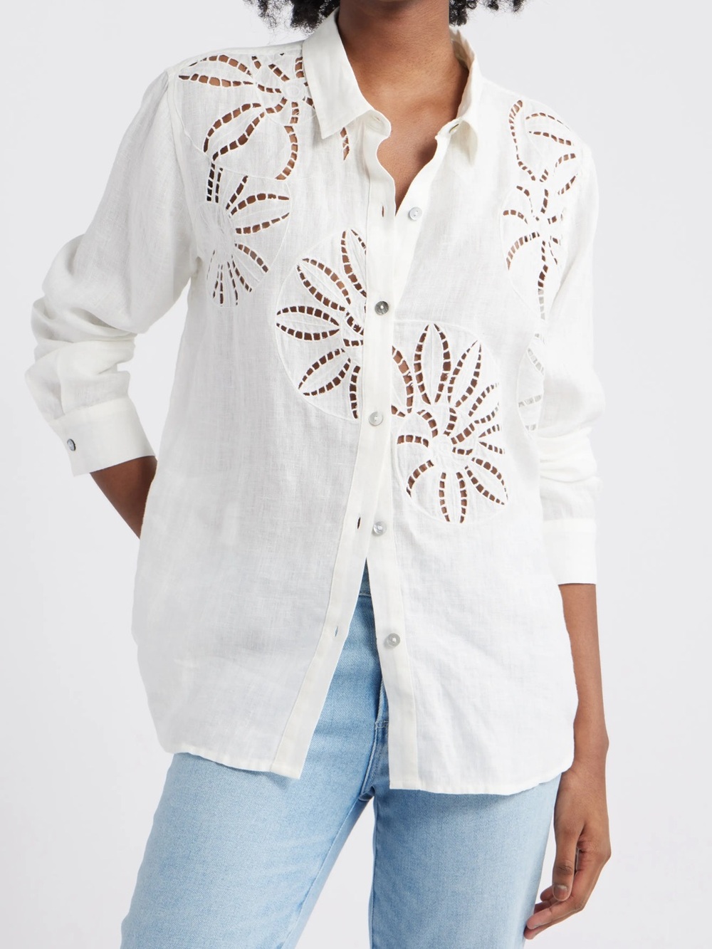 Rails Samar Floral Embroidery Detail Linen Blend Button-Up Shirt